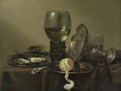 Still Life with Oysters, a Rummer, a Lemon and a Silver Bowl by Willem Claesz. Heda